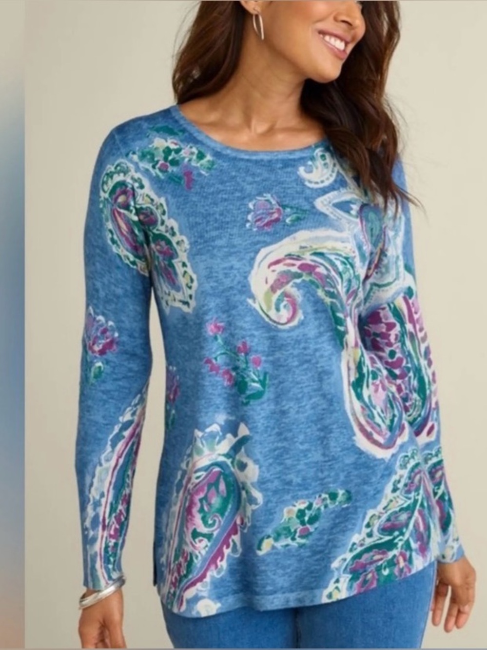 Soft Surroundings Blue Paisley Long-Sleeve Top Soft Medium purple white teal